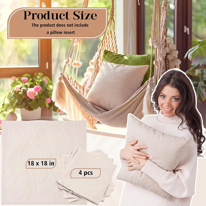 Huhumy Khaki Throw Pillow Cover 18" x 18" for Home Decoration Striped Modern Style Decorative Cushion Covers No Inserts Seersucker Pillow Cover for Living Room, Chair, Bed, Couch, Set of 4