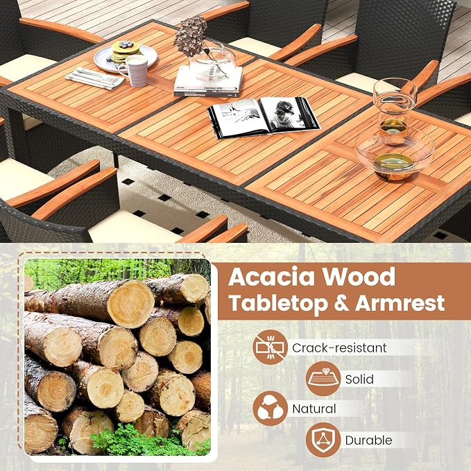 HAPPYGRILL 9 Pieces Outdoor Dining Set for 8, Patio Conversation Set with Acacia Wood Tabletop, Umbrella Hole, Washable Seat Cushions, Rattan Dining Table & Chair Set for Garden Yard Poolside