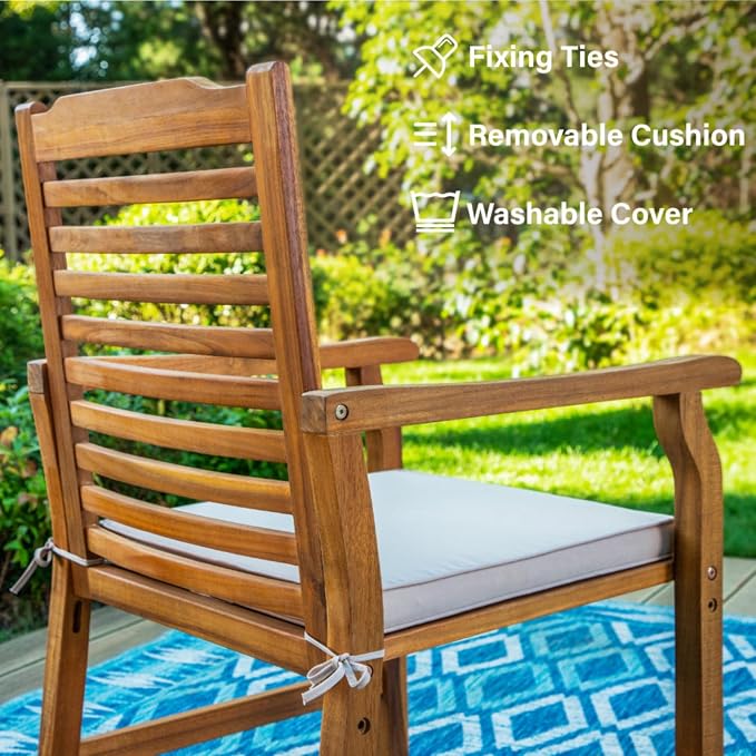 PHI VILLA 7pc Outdoor Dining Set, Expandable Wood Table w/Umbrella Hole | Acacia wood teak patio furniture set for 6. Perfect for patio, deck, porch, backyard. Chairs with cushions.