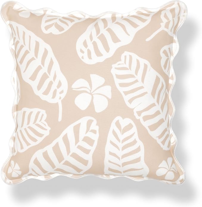 Hofdeco Premium Coastal Hampton Patio Indoor Outdoor Throw Pillow Cover Only, 20"x20" Water Repellent for Backyard, Couch, Poolside, Sand Beige Print Palm Leaves and Hisbucs Flowers