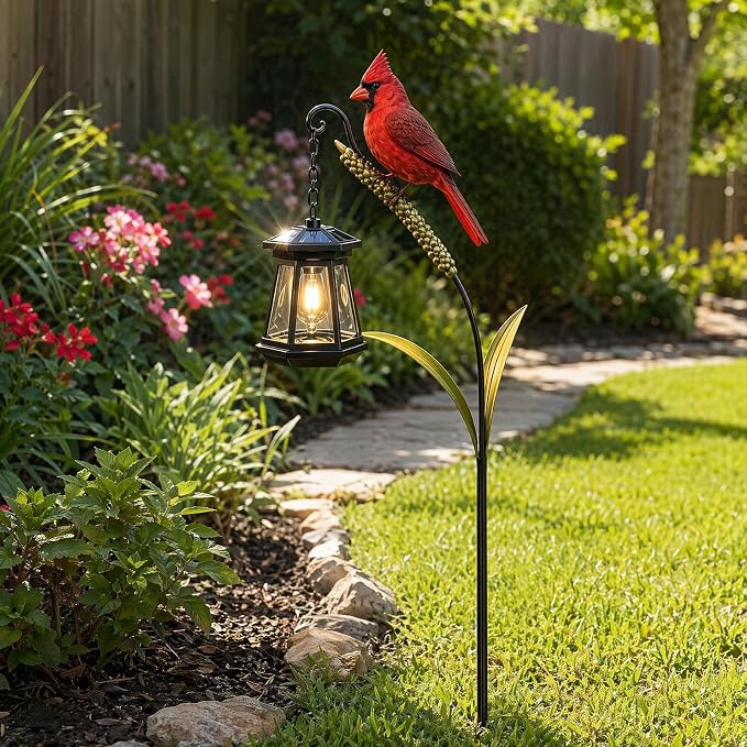 Cardinal Solar Light—A Beautiful Garden Light that Feels Full of Life | Outdoor Stake Yard Decor, Red Bird Lantern, Gift for Mom, Warm Glow Lantern for Patio Lawn Porch Pathway Yard Gardening Gift