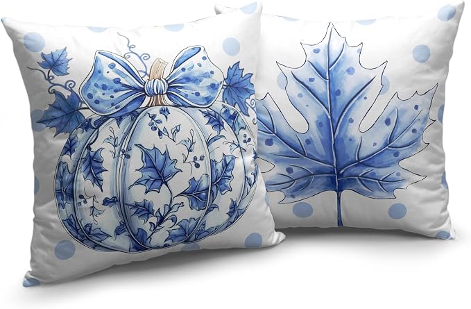 Fall Pillow Covers Blue and White Porcelain Maple Leaf Pumpkin Throw Pillow Covers 18x18 Set of 2 Autumn Blue Polka Dot Pillowcase Thanksgiving Cushion Case for Couch Sofa