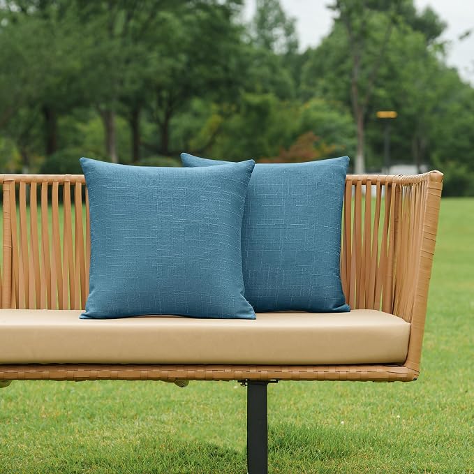 NiNi ALL Pack of 2 Decorative Outdoor Waterproof Pillow Covers Square Garden Linen Textured Cushion Sham Throw Pillowcase Set of 2 for Patio Farmhouse Garden Tent Couch 24x24 Inch Dark Blue