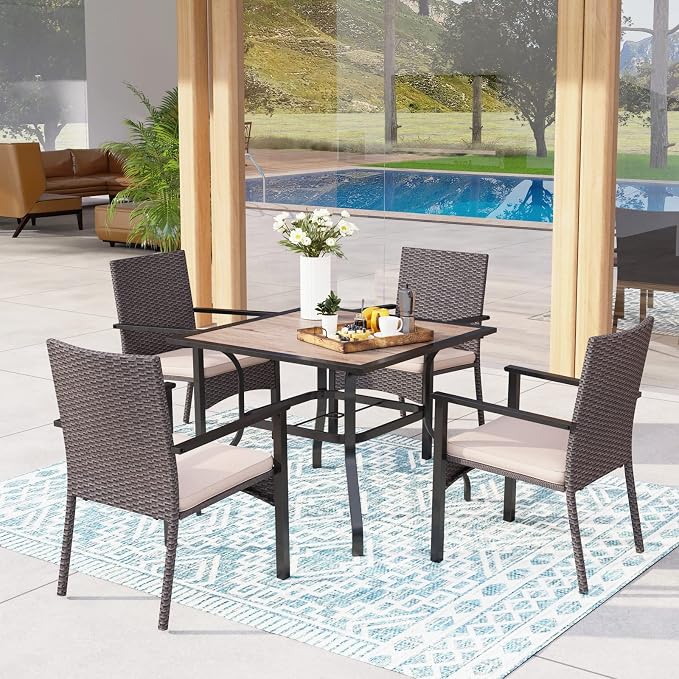 MFSTUDIO 5 Pieces Outdoor Dining Set, Patio Wood-Like Table & 4 Wicker Chairs with Cushions, Outdoor Rattan Dining Furniture, Patio Square Dining Table for 4, Deck, Backyard