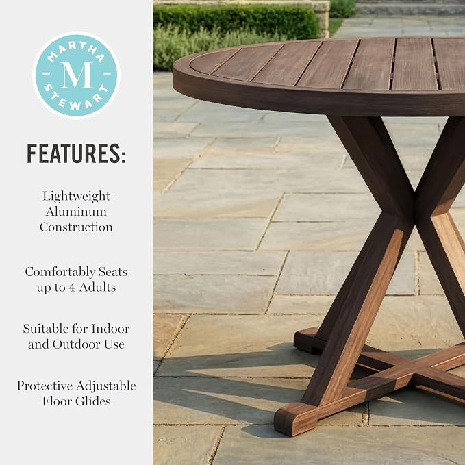 Martha Stewart Bedford 36" Round Indoor-Outdoor Aluminum Patio Dining Table with Trestle Base, Accommodates up to 4 Adults, Brushed Brown Woodgrain Finish