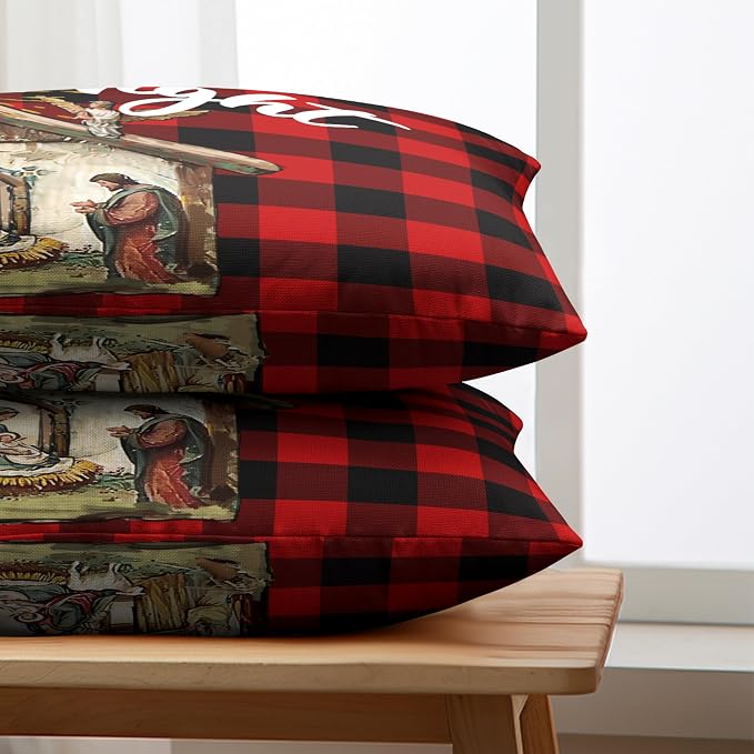 Jesus Nativity Lumbar Pillow Case 12x20 Set of 2 Red Buffalo Plaid Christmas Rectangle Pillow Covers Xmas O Holy Night Silent Night Waist Pillow Covers for Living Room Couch Bedroom