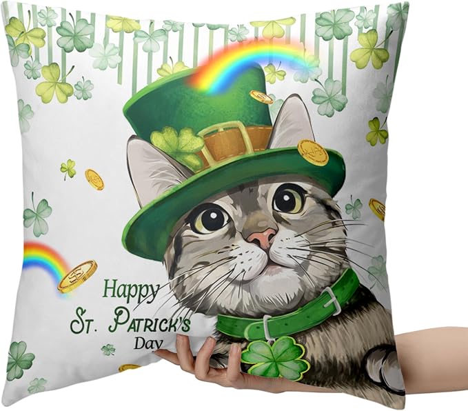 Happy St Patricks Day Pillows Covers 24x24 Pack of 2 Lucky Cat Clover Pillow Covers Rainbow Gold Coin Shamrock Decorative Pillow Cases Cushion Case for Living Room Couch Sofa