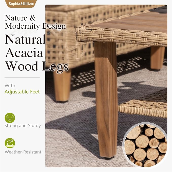 Sophia & William Outdoor Rattan Sofa Set with Thick Cushions & Coffee Table, Weather-Resistant Patio Furniture Set Sectional Couch for Patio Backyard Deck(Beige)