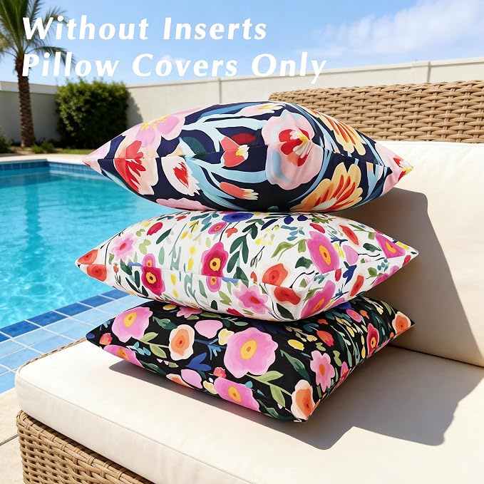 Floral Outdoor Pillow Covers 18x18 Inch Set of 2, Blue Pink Printed Waterproof Throw Pillow Cover Spring Summer Decorative Cushion Cases for Holiday Garden Patio Balcony Furniture Couch Sofa
