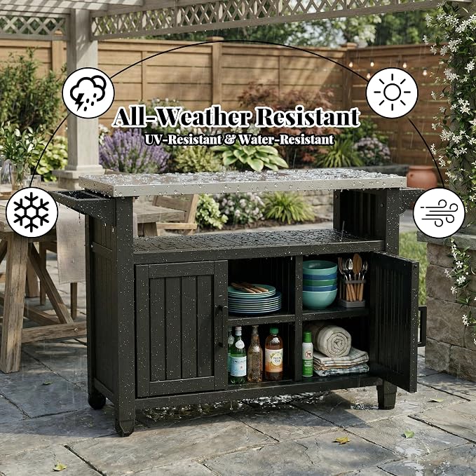 EFU Outdoor Bar Cart, Kitchen Island with Storage Cabinet & Stainless Steel Top, Outdoor Grill Table for Food Prep, Drinks, Snacks, and Cooking, Grill Cart for Parties, Pool, BBQ