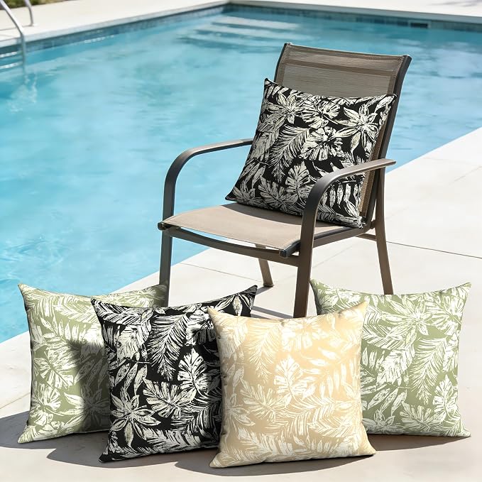 Outdoor Pillow Covers Waterproof 20x20 Inch Set of 2 Tropical Leaf Black Decorative Outside Patio Furniture Cushion Cases Decor for Porch Garden