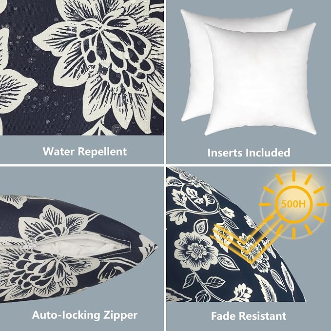 LVTXIII 2 Pack Outdoor Pillows 18x18 Inch, Square Throw Pillows with Inserts, Decorative Water-Repellent Pillow Cushions for Patio Furniture and Garden Sofa, Elegant Vines Navy