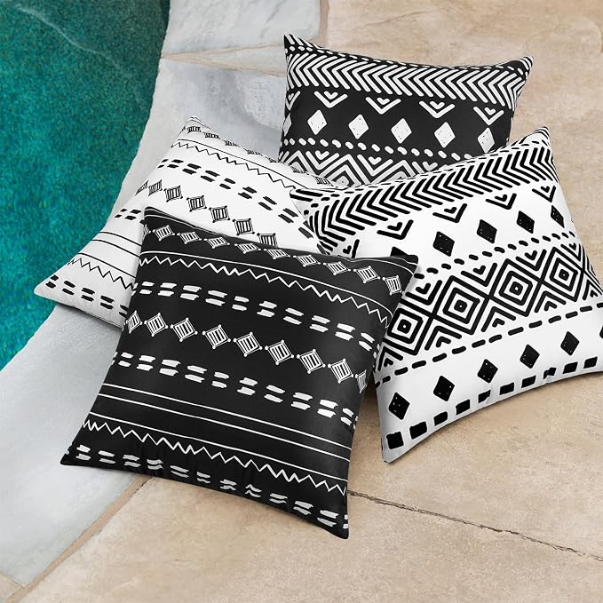 Adabana Outdoor Waterproof Pillow Covers 18x18 Set of 2 White Boho Design | Waterproof Fabric Designed for Patio Furniture, Porch, Balcony and Garden Decor