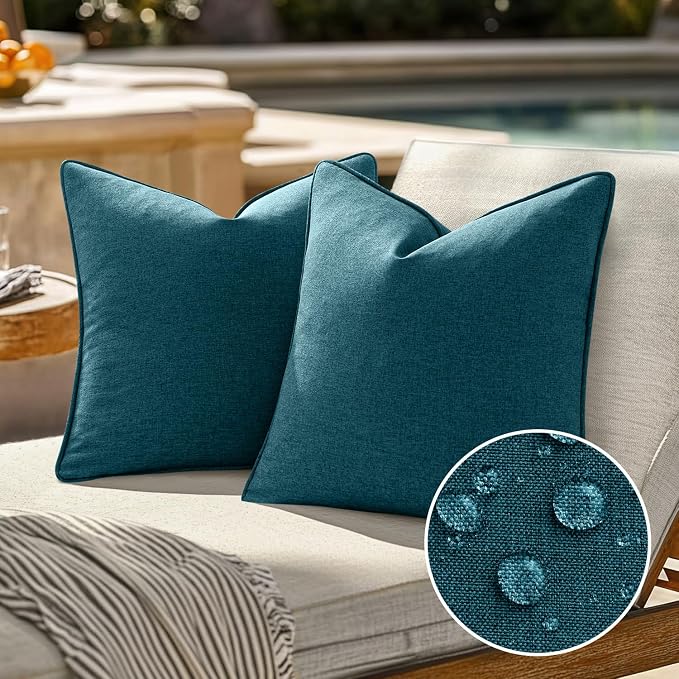 EMEMA Pack of 2 Decorative Outdoor Waterproof Throw Pillow Covers 18x18 Inch Solid Broadside Soft Outside Pillowcase Classic Cushion Cases for Patio Furniture Sunbrella for Balcony Decor Blue