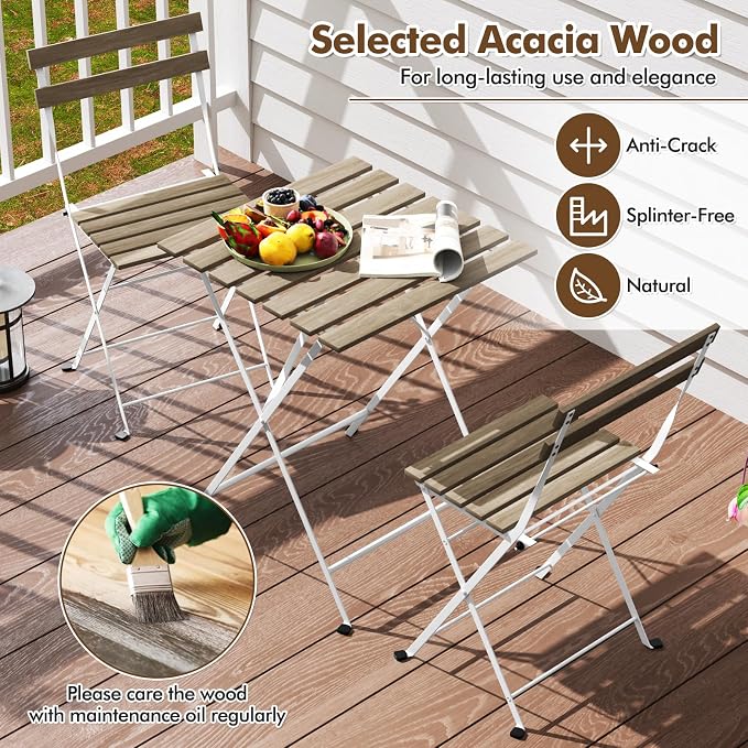 Giantex 3-Piece Acacia Wood Bistro Set, Patio Bistro Table with 2 Folding Chairs, Slatted Seat & Tabletop, Metal Frame, Outdoor Furniture Set for Backyard, Porch, Garden, Poolside (White + Gray)