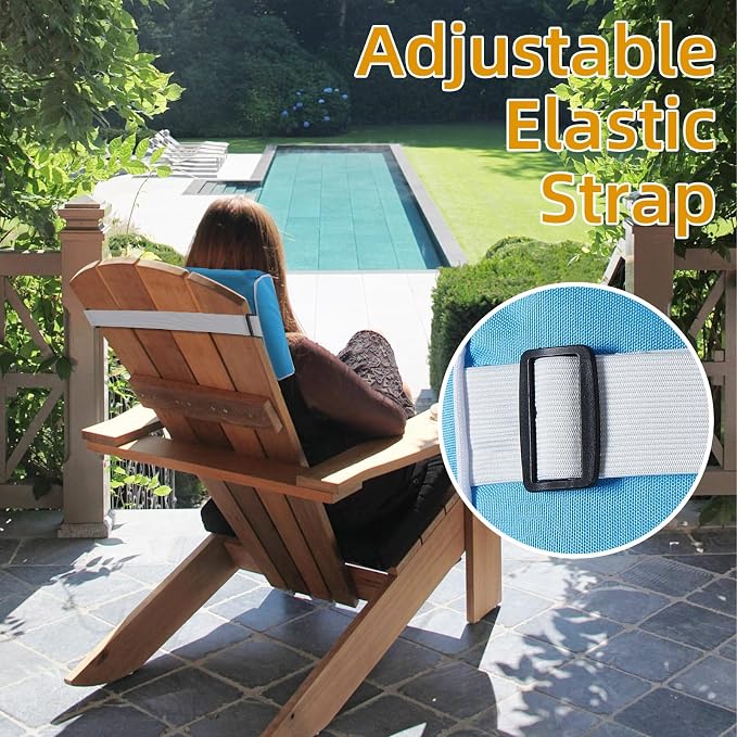 2 Pack Outdoor Chaise Lounge Head Pillow, Patio Pool Chair Pillows Water Resistant Headrest Pillow Lumbar Pillows with Insert and Adjustable Elastic Strap for Recliner Beach Chair, Blue