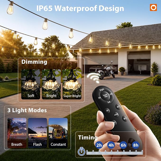 addlon 102FT(96FT+6) Solar String Lights Outdoor Waterproof with USB Port & Remote Control Solar Patio Lights for Outside Solar Powered with 52 LED Dimmable Bulbs for Porch Garden Deck Halloween | Waterproof, Shatterproof, Spaced 2FT, USB Charging, Rem...