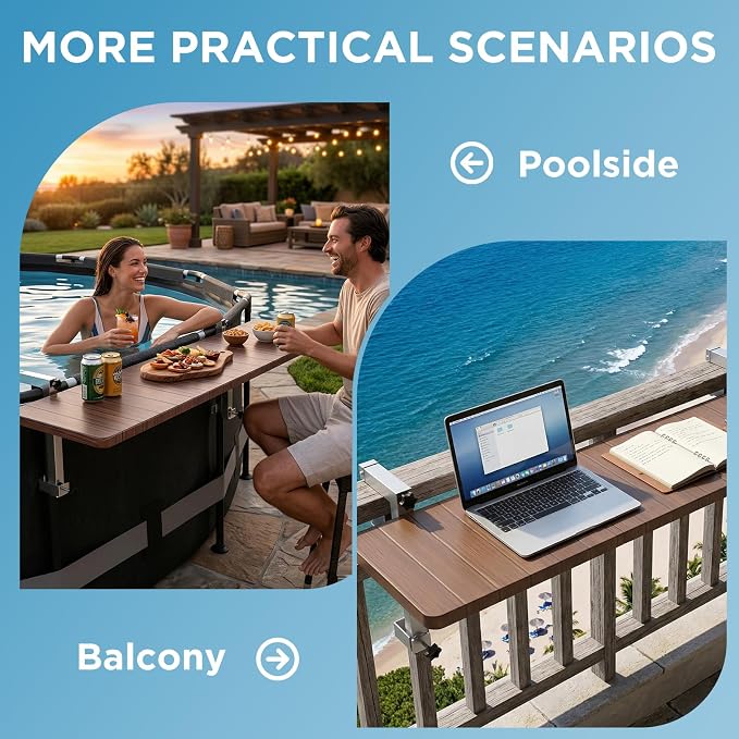 Utheer Folding Pool Bar Table for Above Ground Pools, Drinks Within Reach | Fits 1-3.5 in pool rails; 47.2 in tabletop supports 110 lb; keeps drinks and snacks within reach