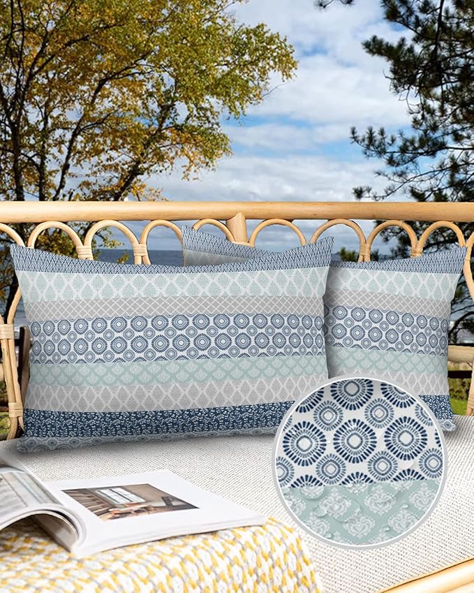 Outdoor Waterproof Throw Pillow Covers Set of 2 Blue Boho Stripe Tribal Vingtage Lumbar Pillowcases 20x12 Inches Bohemian Style Decorative Pillows Cushion Case Patio Pillows for Couch Bed Garden