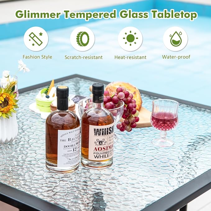 Tangkula 35 Inch Patio Dining Table with Tempered Glass Top, Square 4-Person Outdoor Bistro Table with 1.5" Umbrella Hole & Sturdy Metal Frame, Patio Dining Table for Backyard, Lawn, Deck & Poolside