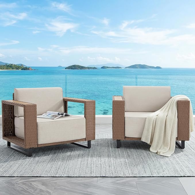Bonzy Home Wicker Patio Chairs Set of 2, Rattan Outdoor Accent Chairs with Extra-Thick Soft Cushions and Widened Armrest, Patio Conversation Sets for Porch, Garden Poolside Balcony