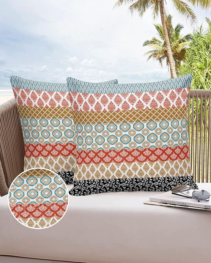 Boho Outdoor Pillow Covers Waterproof, Colorful Striped Ethnic Modern Geometric Abstract Art All Weather Cushion Case Set of 2, Decorative Pillowcases for Sofa Couch Bed Decor Patio Furniture 24"x24"