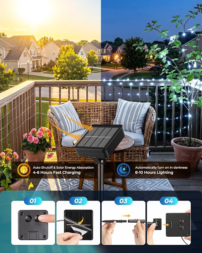 Solar Fairy Lights,33Ft 100 LED Solar String Lights with 8 Modes Pure White | IP65 Waterproof Solar Twinkle Lights Outdoor & Indoor, Patio Lights for Tree Garden Party Wedding Christmas Decoration