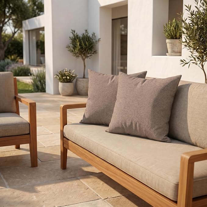 RSH DECOR: Sunbrella Square Throw Pillows Set of 2 | 20" x 20" | Water and Fade-Resistant Performance Fabric | Outdoor Pillow Covers with Down-Alternative Inserts | Made in USA (Rochelle Truffle)