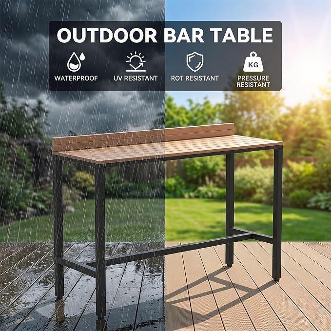 Outdoor Patio Bar Height Table with Baffle, Weather Resistant High Counter Table Porch Pub Tables Wood-Plastic Tabletop, for Poolside Garden Balcony Restaurant Cafe(Black,70.8"x15.7"x40.5")