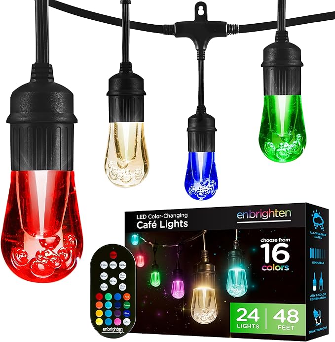 Enbrighten Vintage Outdoor String Lights, 48ft, 24 Bulbs, Remote Control | Coloring Changing LEDs, Weatherproof, Shatterproof Acrylic Bulbs, Drop Cord, Easy Install Keyholes, Linkable up to 750ft