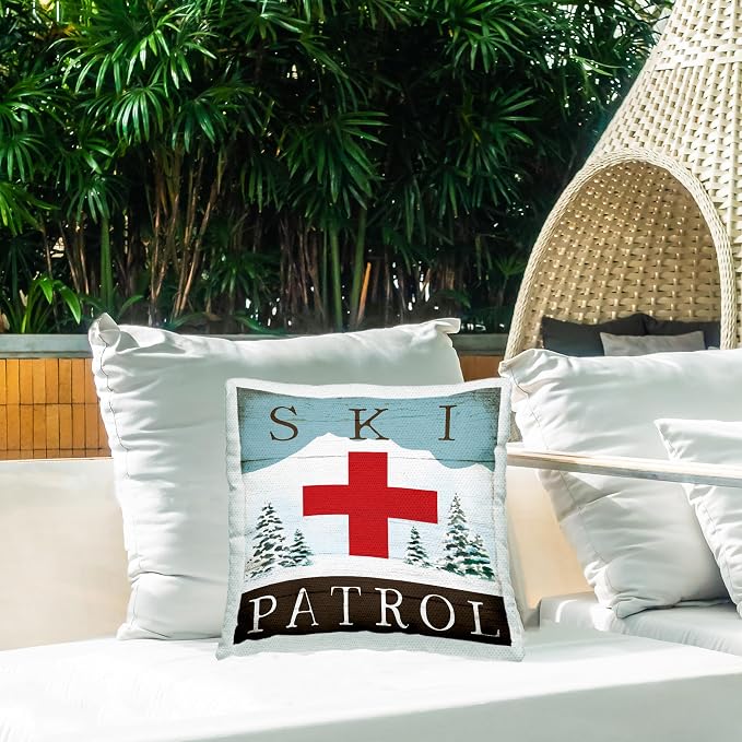 Stupell Industries | Ski Patrol Rustic Symbol, 18 x 18 | Outdoor Pillow, Made in USA - By Elizabeth Tyndall