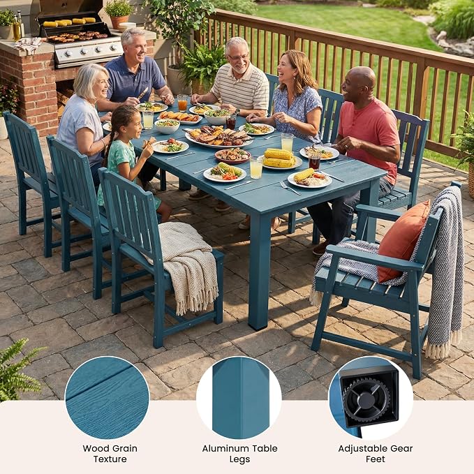 Ayge 9-Piece Outdoor Dining Set – HDPE Patio Furniture for 8 with 2" Hole Cut-Out Table & 8 Chairs, Perfect for Pool, Patio, Garden, Navy
