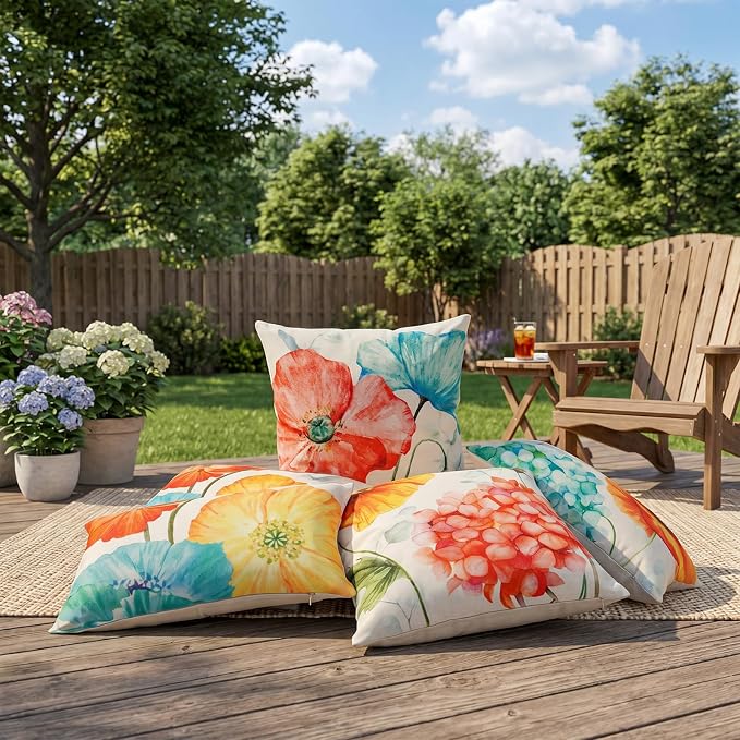 Summer Outdoor Throw Pillow Covers Waterproof, Lotus Flower Hydrangea Decor | 18x18 Summer Outdoor Pillow, Lotus Flower Decor, Hydrangea Pillow Covers, Set of 4, Outdoor Pillows for Porch Patio Furniture