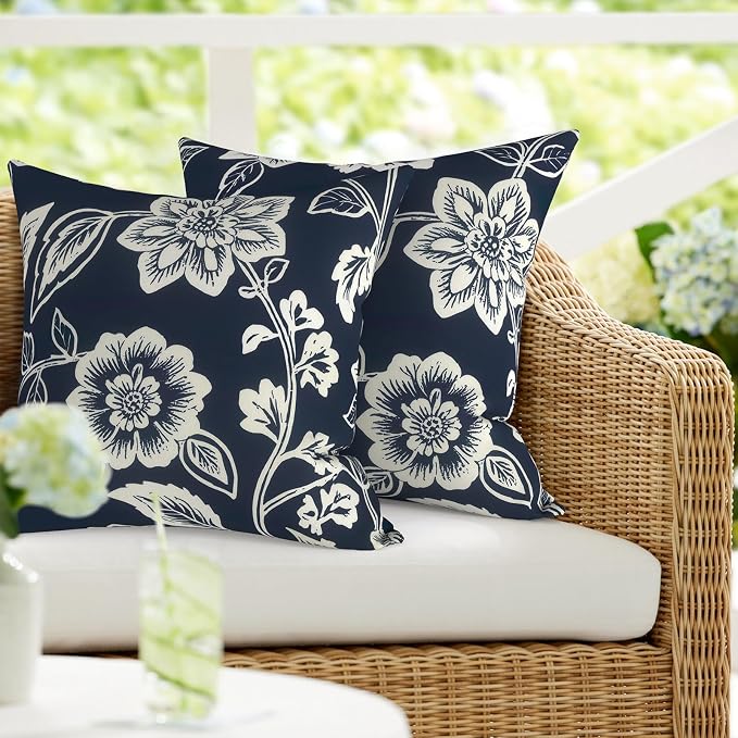 DYTXIII Pack of 2 Waterproof Outdoor Pillow with Inserts, 18x18 Square Patio Decorative Throw Pillow for Home,Sofa,Bench and Patio Furniture,Vines Navy