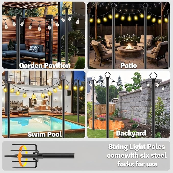 8 Pack 10 ft Heavy Duty Metal String Light Poles Adjustable Outdoor Lighting Stand for Patio,Backyard,Garden,Party & Wedding Rustproof & Sturdy with Hooks
