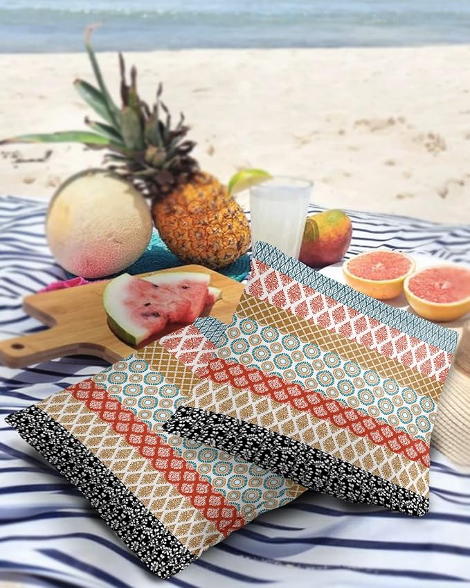 Boho Outdoor Pillow Covers Waterproof, Colorful Striped Ethnic Modern Geometric Abstract Art All Weather Cushion Case Set of 2, Decorative Pillowcases for Sofa Couch Bed Decor Patio Furniture 20"x20"