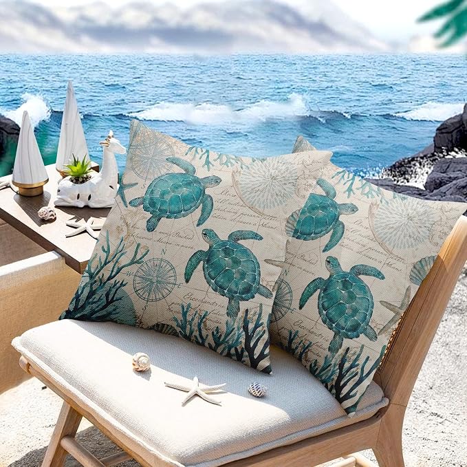 Outdoor Throw Pillow Covers, Turtle Coastal, Set of 2, 18 x 18 Inch | Nautical 18 x 18 Inch Beach Pillowcase Square Cushion Case Farmhouse Garden Decorative Pillows for Couch Patio