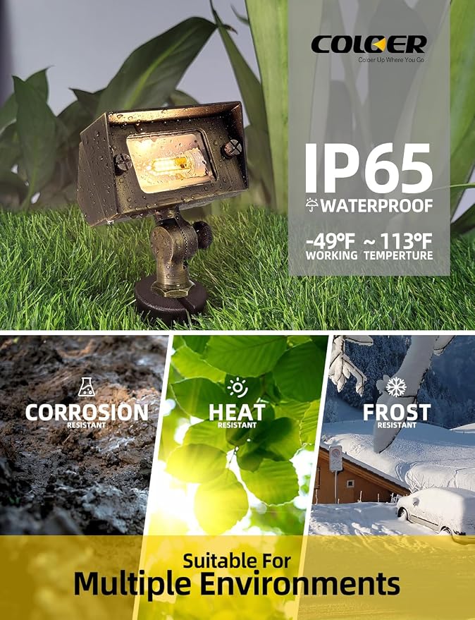 COLOER Brass Small Rectangular Flood Lights Outdoor 12 Pack with 3W 2700K Warm White LED G4 Bulb, 12V Low Voltage Landscape Outside Lights for House Illuminating Signs, Walls and Plant Material