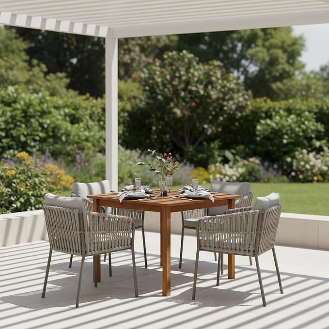 Furinno TIOMAN Square Outdoor Patio Dining Table, Solid Hardwood Garden Table for Backyard, Deck, Balcony, Teak Oil Finish, Light Wood