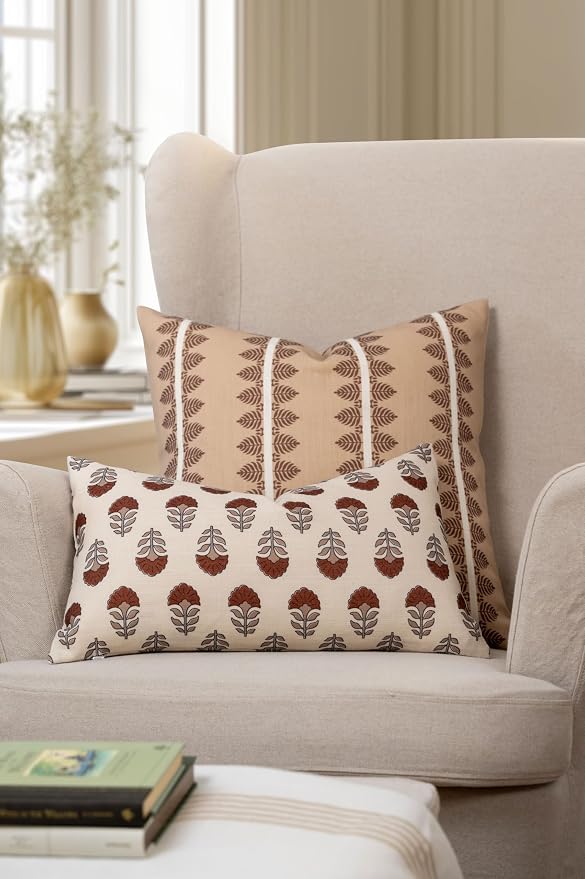 Crumbs Home Modern Farmhouse California Casual Indoor Outdoor Throw Pillow Cover, 20"x20" Water Repellent for Patio, Backyard, Couch, Poolside, Earth Tone Cocoa Brown Tan Print Leaves Stripes