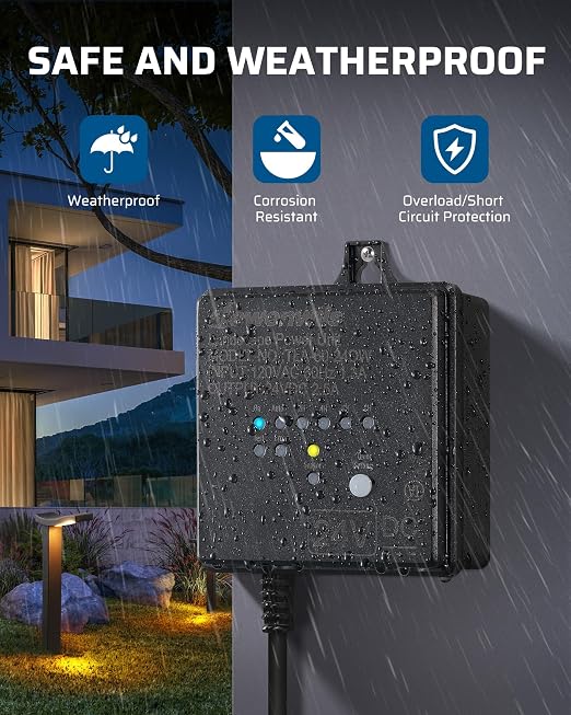 DEWENWILS 60W DC Low Voltage Transformer with Timer & Photocell Sensor | 120V AC to 24V DC, Timer & Photocell Sensor, Outdoor Weatherproof for LED Lights, Spotlights, Pathway Lights