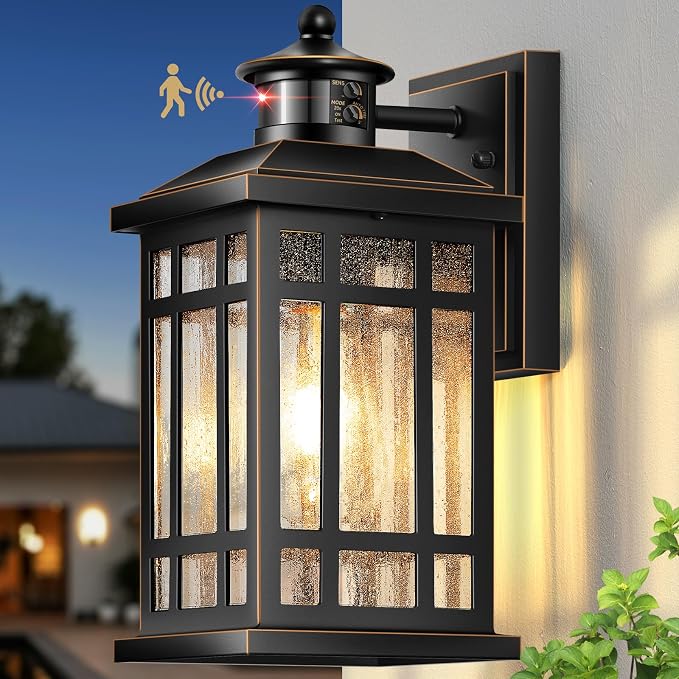 Distance-Adjustable Outdoor Lights for House, Modern Black Motion Sensor Outdoor Light with Gold Trim, Waterproof Dusk to Dawn Exterior Lighting Fixtures, Anti-Rust Outdoor Lanterns for Porch, Garage