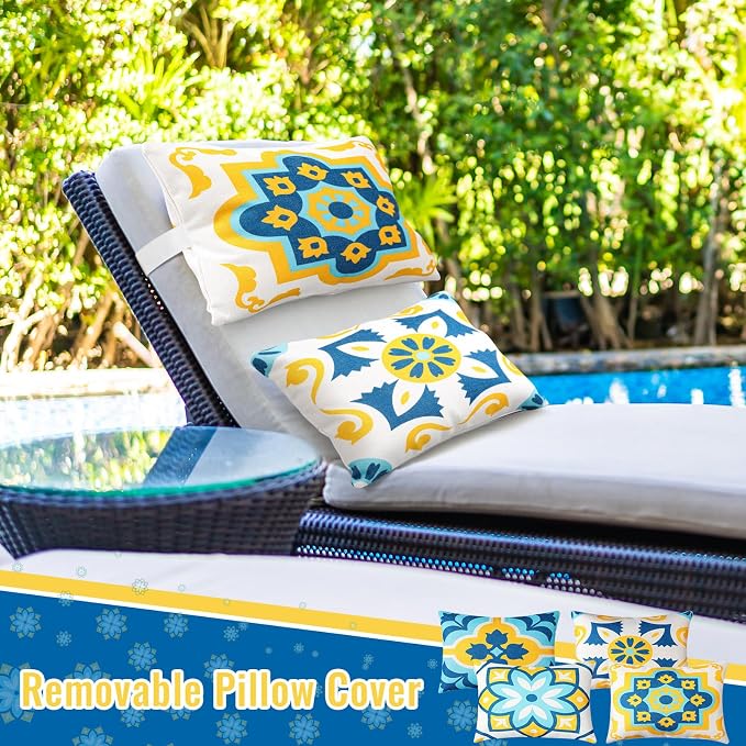 Juexica 4 Pack Chaise Lounge Headrest Pillow, Decorative Outdoor Patio Neck Headrest Pillow with Adjustable Elastic Strap & Insert, Waterproof for Pool Recliner Hammock Beach Chair(White, Floral)