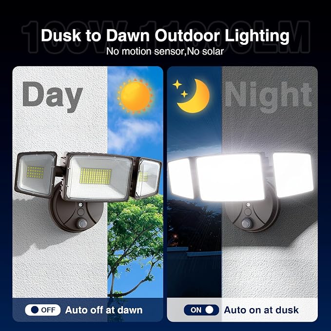 Onforu 100w Dusk to Dawn Outdoor Lighting,11000LM Led Outdoor Light from Dusk Till Dawn,Super Bright Flood Light,IP66 Waterproof Exterior Security Brown Light Fixture,3 Heads Photocell for Garage,Yard