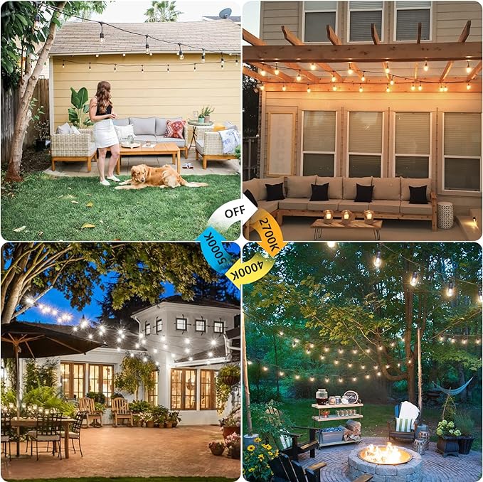 96FT(2x48FT) 3 Colors LED Outdoor String Lights with Remote, Black | Plug in, Jump/Fade/Static Modes, 2700K/4000K/5000K, 30+2 S14 Bulbs, Dimmable, Shatterproof, Waterproof, for Patio Cafe