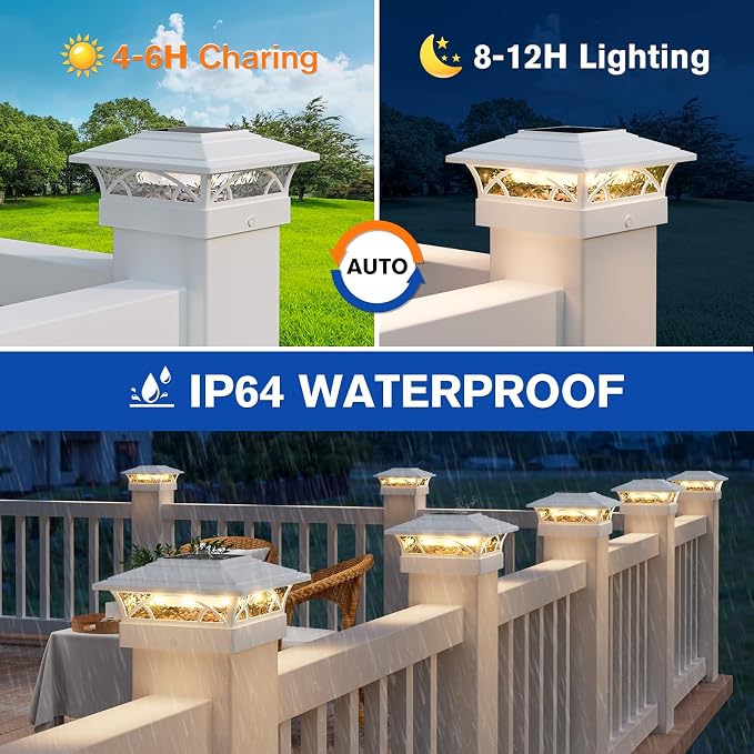 APONUO Solar Post Cap Lights 12 Pack - 4x4 5x5 6x6 Fence Post Lights, Auto On/Off, Waterproof IP64, 2-Mode (Warm/Cool White), Deck Patio Yard Solar Light for Wood & Vinyl Posts, White
