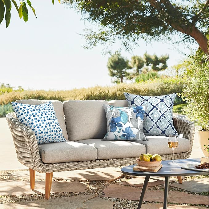 Outdoor Throw Pillows 16x16 Inch, Water Repellent Patio Pillows with Inners Set of 2 for Patio Furniture Home Garden, Brush Blue