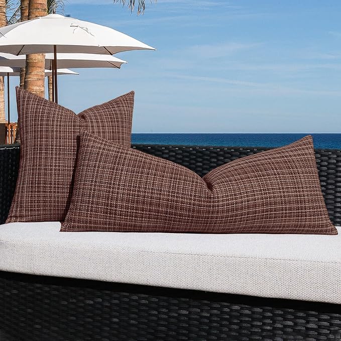 Kevin Textile Outdoor Waterproof 14"x36" Lumbar Pillow Cover 1 Pack Coffee | Water Resistant, Faux Linen Yarn-dyed, Woven Texture Throw Pillow Covers for Tent Patio Garden Couch Sofa