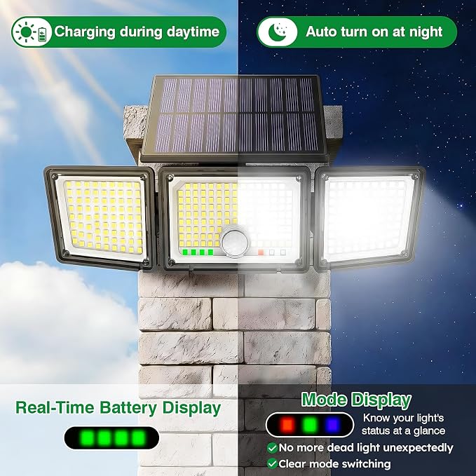 Solar Outdoor Lights Motion Sensor, 2500LM 286 LED Security Flood Lights with Visual Battery & Mode Display, 3 Lighting Modes, IP65 Waterproof 3-Head Wide Angle for Garage, Yard, Patio (1 Pack)