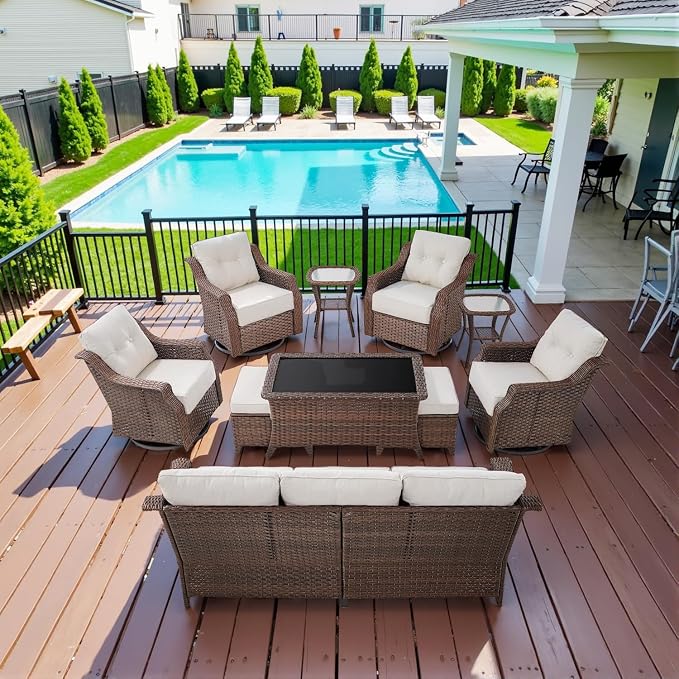 Belord 10 Piece High Back Outdoor Patio Furniture Set - Patio Conversation Set with Swivel Rocker Outdoor Chairs Set of 4 and 3 Seater Sofa, Wicker Ottoman and Coffee Table for Garden Backyard